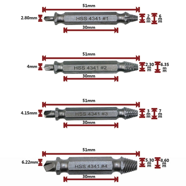 4 in 1 Screw Extractor Drill Bits Tool Broken Bolt Remover(1#, 2#, 3#, 4#), with Plastic Case, 4341, s2, Gold s2, Gold 4341