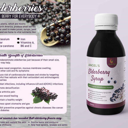 Angel's Elderberry Syrup with Organic Ingredients - Honey or Molasses(Vegan)