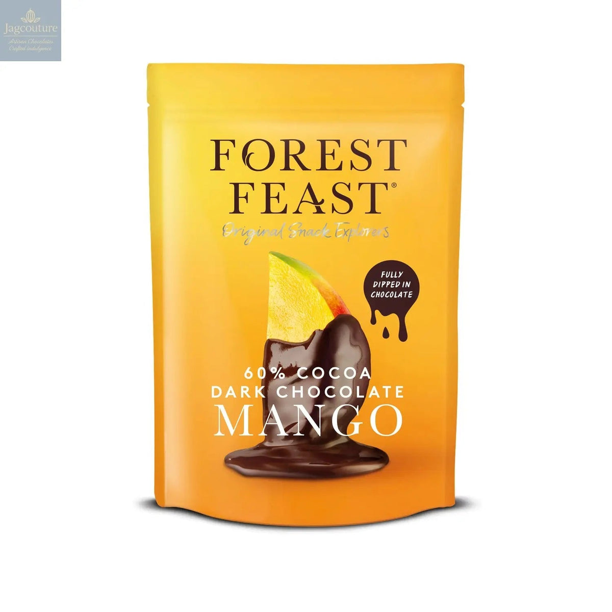 Forest Feast mango strips dipped in dark Belgian chocolate