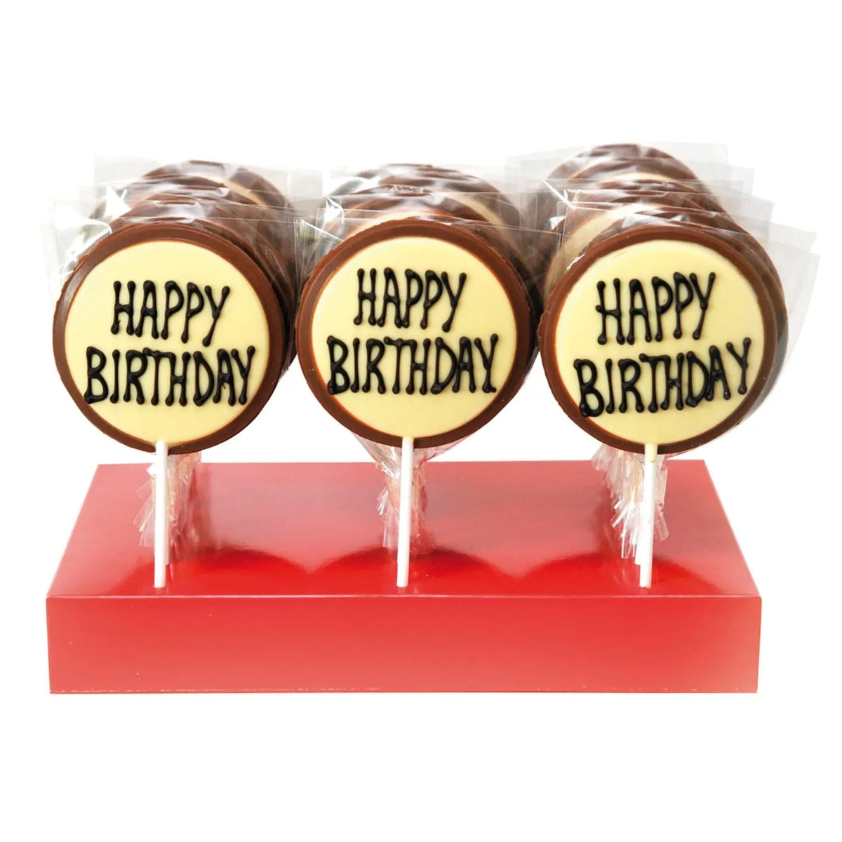 Hand decorated milk chocolate message lollies - Happy Birthday