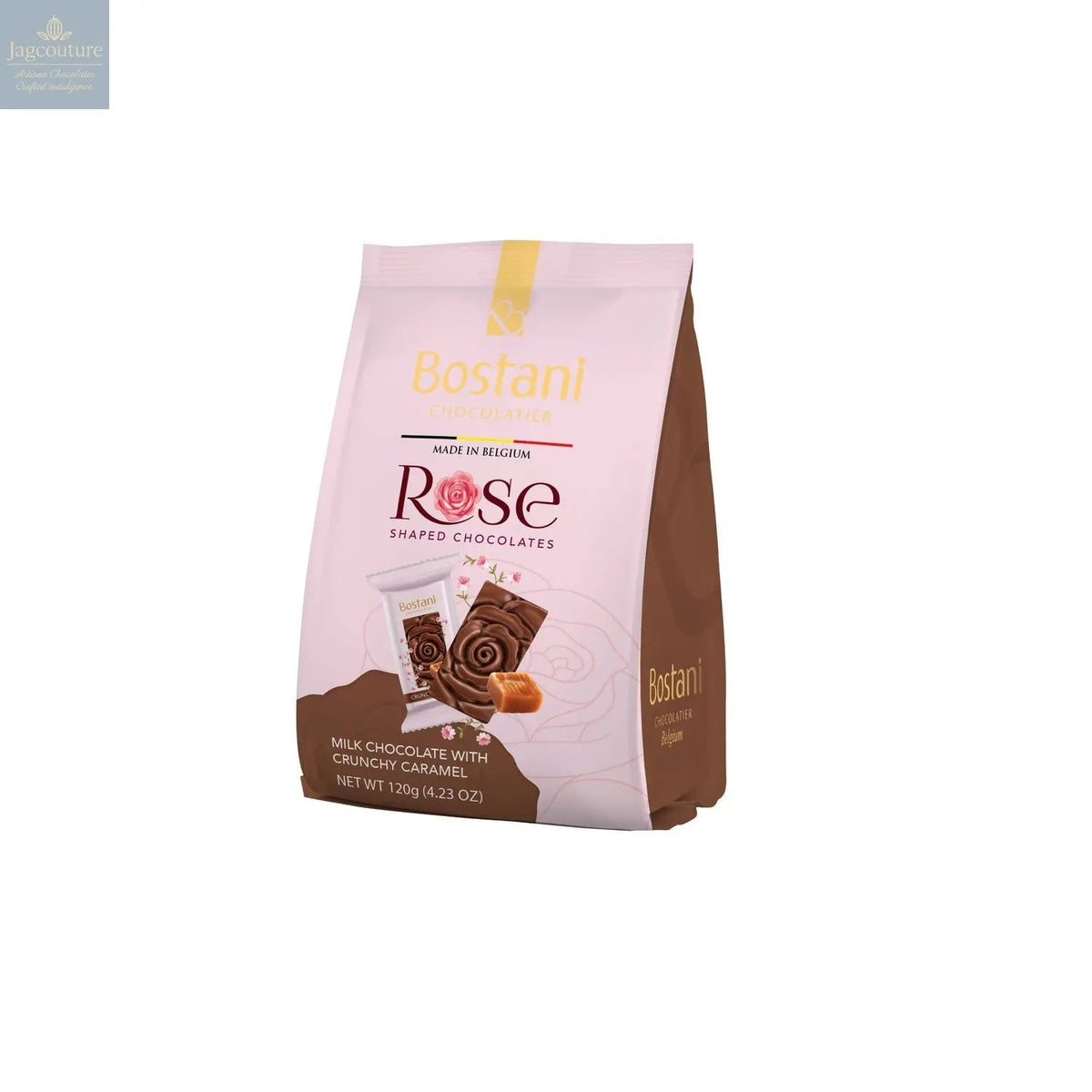 Gift bag of individually wrapped rose shaped milk chocolates with crunchy caramel