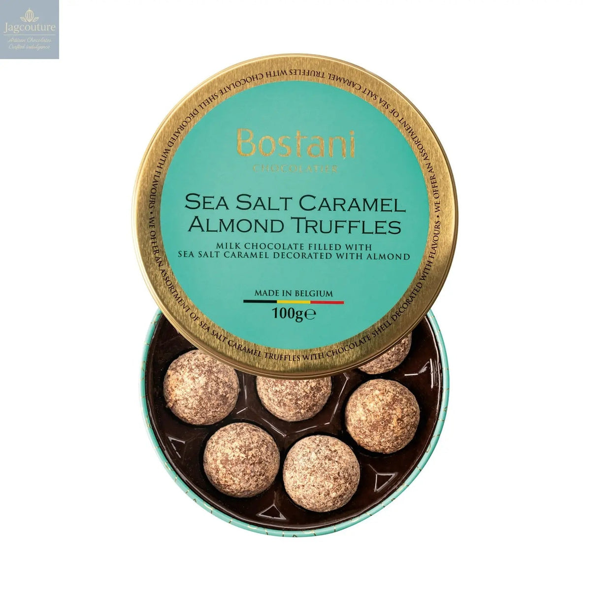 Gift tin of sea salt caramel almond milk chocolate truffles rolled in almond flavour powder - 11 x 3.6cm
