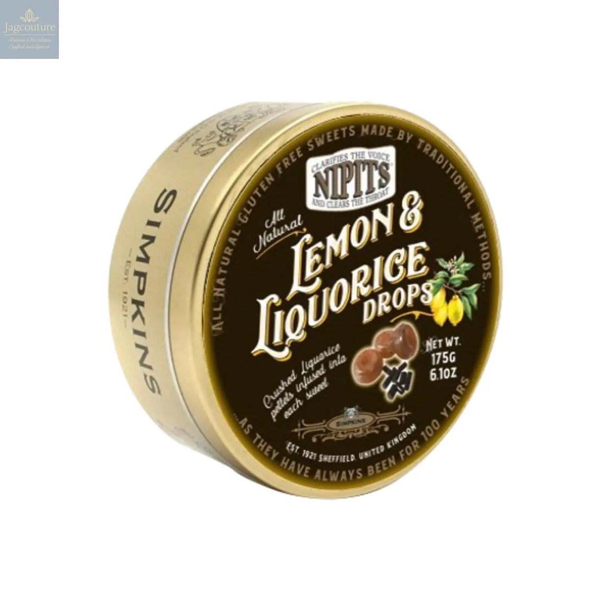 Gold tin of lemon & liquorice flavour Nipit travel sweets