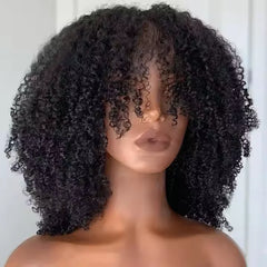 180 Density Kinky Curly Short Bob Human Hair Wig with Bangs Raw Brazilian Virgin Human Hair Afro Kinky Curly Wig for Black Women