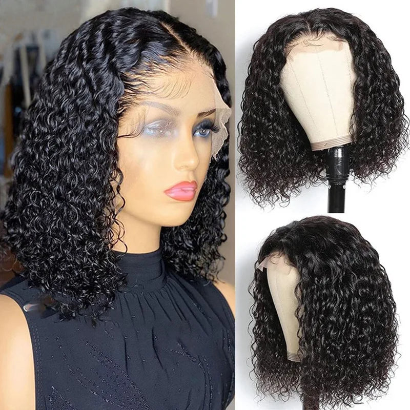 10-16 Inch Water Wave Curly Short Bob Style 13x4 4x4  Frontal Lace Hair Wig Natural Real Brazilian Human Hair Women's Wig