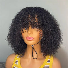 180 Density Kinky Curly Short Bob Human Hair Wig with Bangs Raw Brazilian Virgin Human Hair Afro Kinky Curly Wig for Black Women