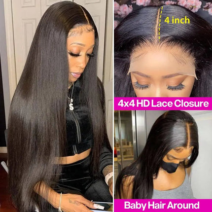 Long Silk Straight Style 4X4 Closure Wigs Natural Black Color 180% High Density Brazilian Human Hair Transparent Lace Wigs