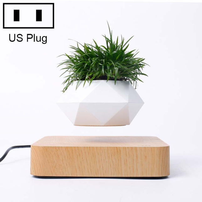 Diamond Plastic Flower Pot + Dark Wood Grain Base Magnetic Levitation Potted Plant Home Decoration, US Plug, Dark Wood Grain US Plug, Light Wood Grain US Plug