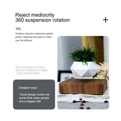 Diamond Plastic Flower Pot + Dark Wood Grain Base Magnetic Levitation Potted Plant Home Decoration, EU Plug