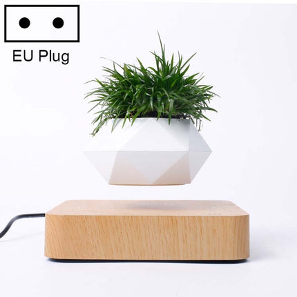 Diamond Plastic Flower Pot + Dark Wood Grain Base Magnetic Levitation Potted Plant Home Decoration, EU Plug