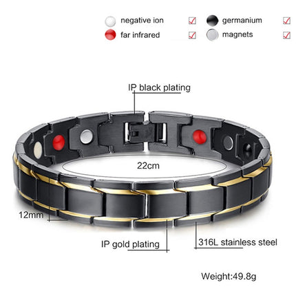 Europe and America Style Fashion Men Jewelry Stainless Steel + Gold-mounted Plating Magnetic Health Bracelet, Size: 12mm*22cm (Black+Gold)