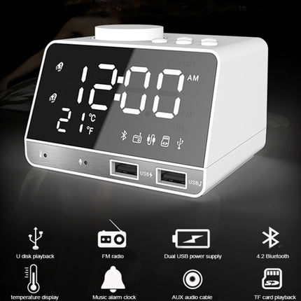 K11 Bluetooth Alarm Clock Speaker Creative Digital Music Clock Display Radio with Dual USB Interface, Support U Disk / TF Card / FM / AUX, UK Plug