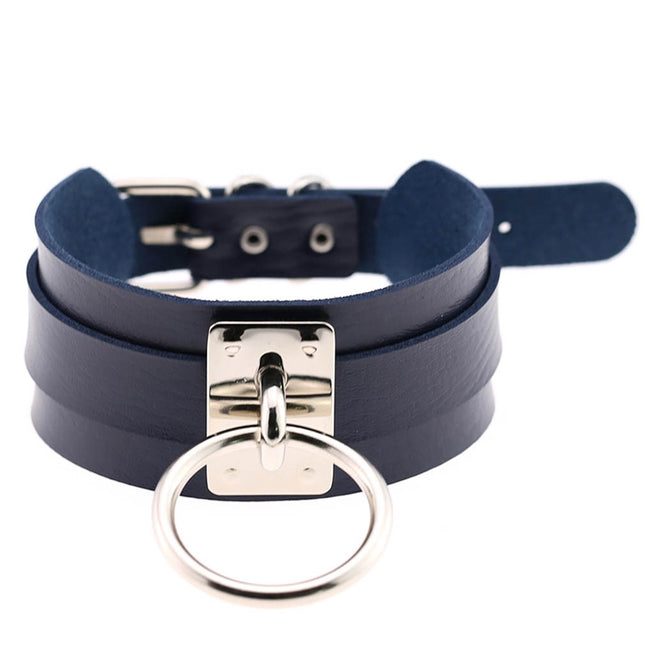 European and American Harajuku PU Leather Silver Single Ring Collar Wide Street-Snap Nightclub O-shaped Choker Necklace, Silver Ring