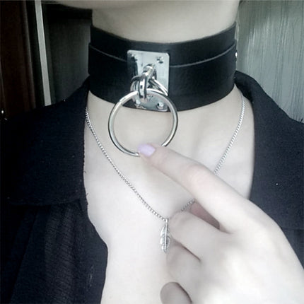 European and American Harajuku PU Leather Silver Single Ring Collar Wide Street-Snap Nightclub O-shaped Choker Necklace