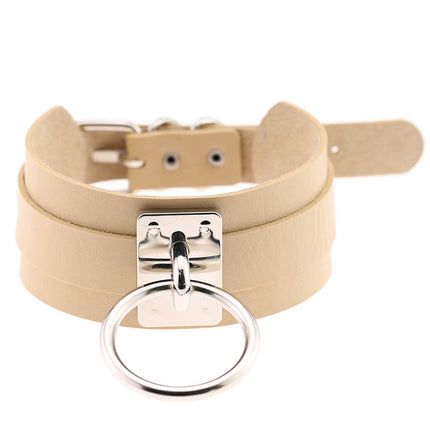 European and American Harajuku PU Leather Silver Single Ring Collar Wide Street-Snap Nightclub O-shaped Choker Necklace, Silver Ring