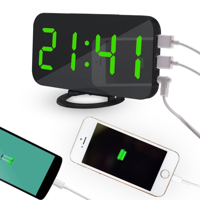 Multifunction Creative Mirror Reflective LED Display Alarm Clock with Snooze Function & 2 USB Charge Port