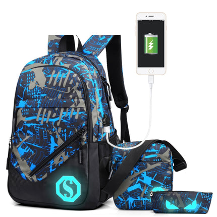 Multi-Function Large Capacity Oxford Cloth Backpack Casual Laptop Computer Bag with External USB Charging Interface & Shoulder Bag & Pen Bag for Men / Women / Student, Size: 45*30*15cm, Black 2, Blue and Grey Graffiti, New York Words 1, Blue and white�...