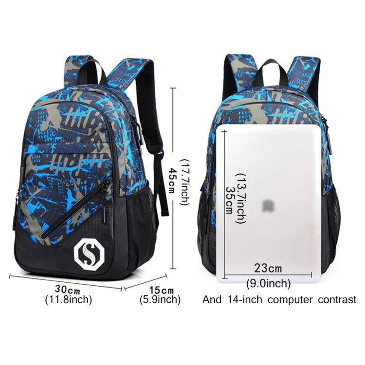 Multi-Function Large Capacity Oxford Cloth Backpack Casual Laptop Computer Bag with External USB Charging Interface & Shoulder Bag & Pen Bag for Men / Women / Student, Size: 45*30*15cm, Black 2, Blue and Grey Graffiti, New York Words 1, Blue and white�...