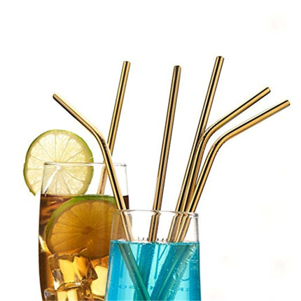 5pcs Reusable Stainless Steel Bent Drinking Straw + Cleaner Brush Set Kit,  215*6mm, 215*6mm (Bent)