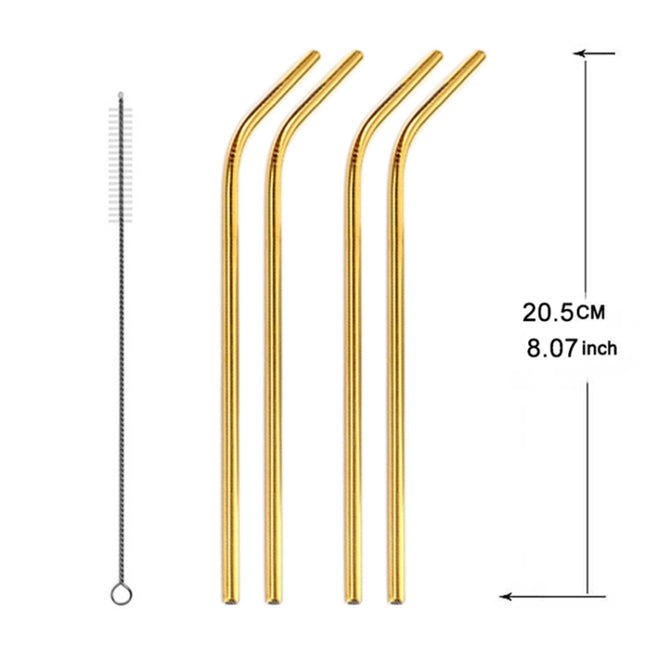 5pcs Reusable Stainless Steel Bent Drinking Straw + Cleaner Brush Set Kit,  215*6mm, 215*6mm (Bent)