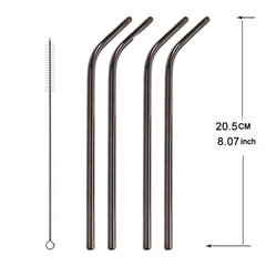 5pcs Reusable Stainless Steel Bent Drinking Straw + Cleaner Brush Set Kit,  215*8mm