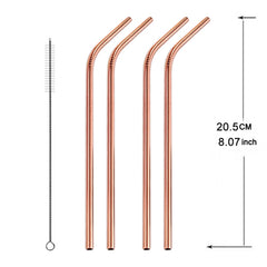5pcs Reusable Stainless Steel Bent Drinking Straw + Cleaner Brush Set Kit,  215*8mm