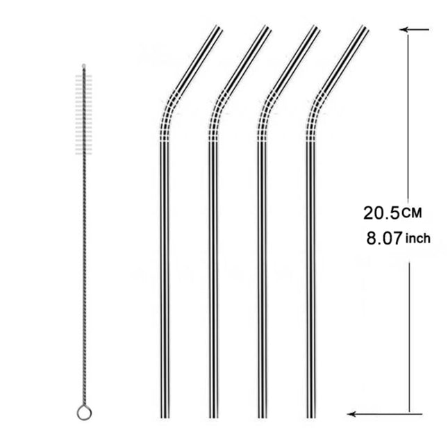 5pcs Reusable Stainless Steel Bent Drinking Straw + Cleaner Brush Set Kit,  266*6mm, 266*6mm (Bent)