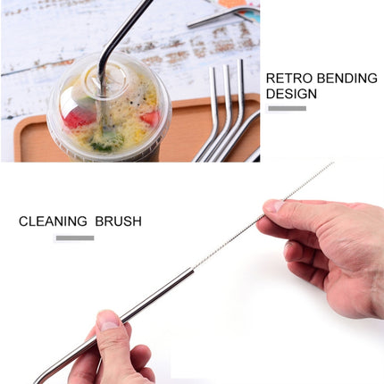 5pcs Reusable Stainless Steel Bent Drinking Straw + Cleaner Brush Set Kit,  266*6mm, 266*6mm (Bent)