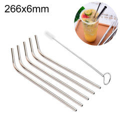 5pcs Reusable Stainless Steel Bent Drinking Straw + Cleaner Brush Set Kit,  266*6mm, 266*6mm (Bent)