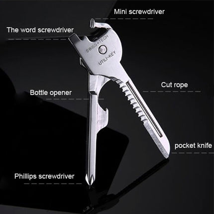 SWISS+TECH Stainless Steel 6 in 1 Multi-function Outdoor Key Chain, Foldable Mini Tools Key Ring