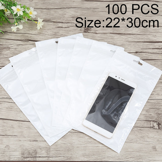 100 PCS 22cm x 30cm Hang Hole Clear Front White Pearl Jewelry Zip Lock Packaging Bag, Custom Printing and Size are welcome, 22*30cm