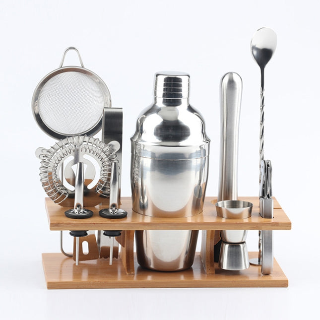 11 in 1 Stainless Steel Cocktail Shaker Tools Set with Wooden Mount, Capacity: 750ml, 750ml