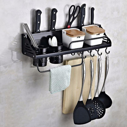 A Version 50cm 2 Cup 8 Hooks Kitchen Multi-function Wall-mounted Condiment Storage Rack, A Version 50cm 2 Cup