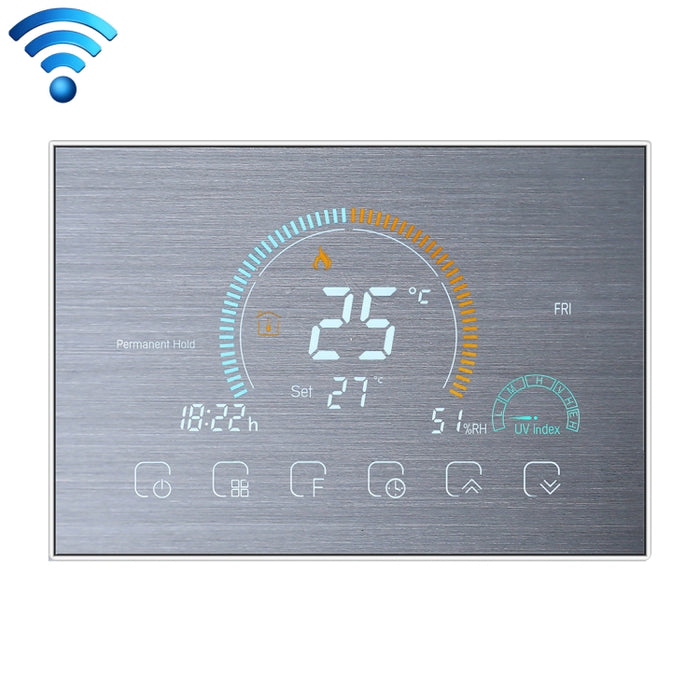 BHT-8000-GCLW-SS Brushed Stainless Steel Mirror Controlling Water/Gas Boiler Heating Energy-saving and Environmentally-friendly Smart Home Negative Display LCD Screen Round Room Thermostat with WiFi, with WiFi