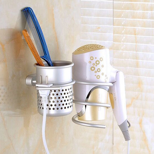 Hair Dryer Holder Wall Mount Hanging Rack Organizer Hook Spiral Bathroom Bracket, With Mesh Holder