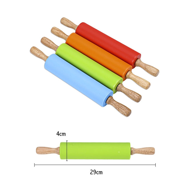 kn055 Solid Wooden Handle Silicone Rolling Pin Non-stick Food Dumpling Stick, Length: 29cm, Random Color Delivery
