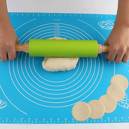 kn055 Solid Wooden Handle Silicone Rolling Pin Non-stick Food Dumpling Stick, Length: 29cm, Random Color Delivery