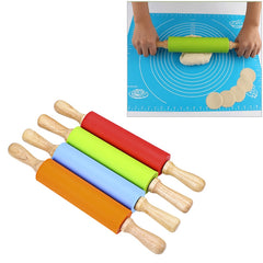 kn055 Solid Wooden Handle Silicone Rolling Pin Non-stick Food Dumpling Stick, Length: 38cm, Random Color Delivery, 38cm