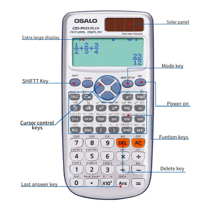 OSALO OS-991ES PLUS 10+2 Digits Multi-functional Student Function Scientific Calculator Solar Energy Dual Power Calculator, OS-991ES