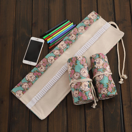72 Slots Rose Clock Print Pen Bag Canvas Pencil Wrap Curtain Roll Up Pencil Case Stationery Pouch