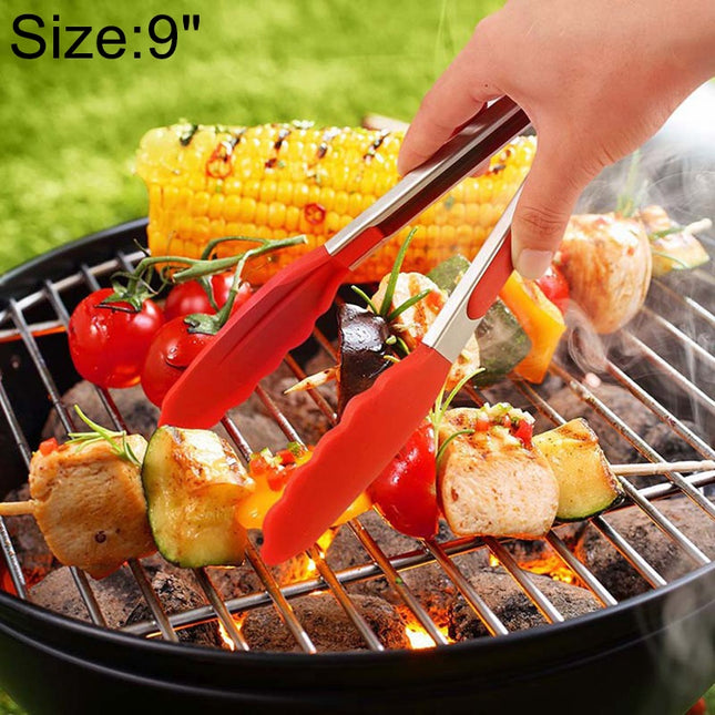 9 inch Silicone Non-slip Food Bread Barbecue BBQ Clip Tongs Kitchen Tools, 9 inch Black, 9 inch Red
