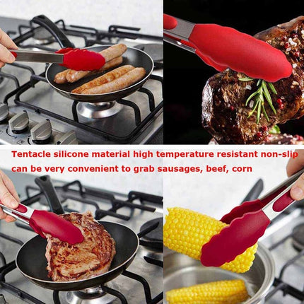 9 inch Silicone Non-slip Food Bread Barbecue BBQ Clip Tongs Kitchen Tools, 9 inch Black, 9 inch Red