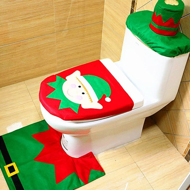Fancy Christmas Decoration Happy Santa Elf Toilet Seat Cover Rug Bathroom Set