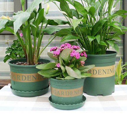 Flower Pots Plant Nursery Pots Plastic Pots Creative Gallons Pots with Tray,Size:12*16*12cm, Random Text Background Color Delivery