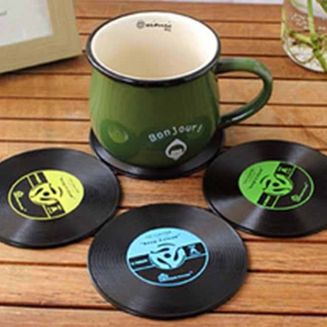 4 PCS Retro Black Vinyl CD Record Drink Coasters Home Table Cup Mat Decor Coffee Drink Placemat Tableware Spinning, Diameter: 10cm, Random Color Delivery, 4 PCS Cup Mat