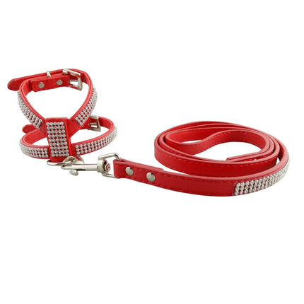 Arnés para perros de PU suave y transpirable con diamantes de imitación, correa para el pecho para perros, collar para perros, tamaño: M