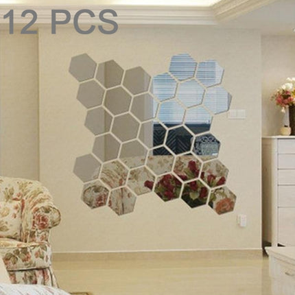 12 PCS 3D Hexagonal Mirror Wall Stickers Set, Size: 10*10cm