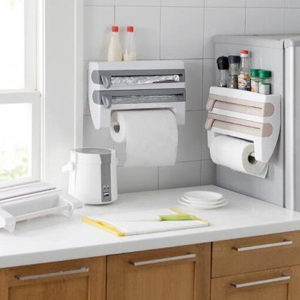 Kitchen Wall Mounted Cling Film Holder Wrap Storage Rack Hanger Rack Cutting Device, Size: 39 x 10 x 24cm, Grey