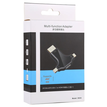 Adaptador 3 en 1 DisplayPort + Mini DP + UCB-C / Type-C macho a HDMI hembra, D63A