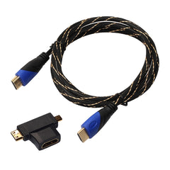 1.8m HDMI 1.4 Version 1080P Woven Net Line Blue Black Head HDMI Male to HDMI Male Audio Video Connector Cable with Mini HDMI & Micro HDMI & HDMI 3 in 1 Adapter Set, 1.8m with Mini & Micro & HDMI